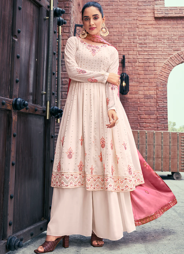 Beige Thread Embroidered Georgette Palazzo Suit For Wedding